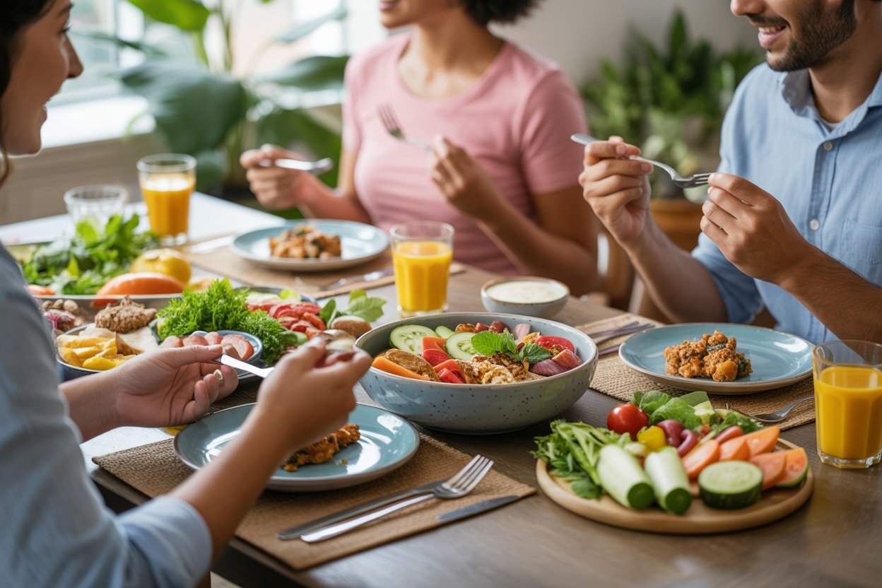 A group of friends enjoying a healthy meal with colorful plates of food on the table.