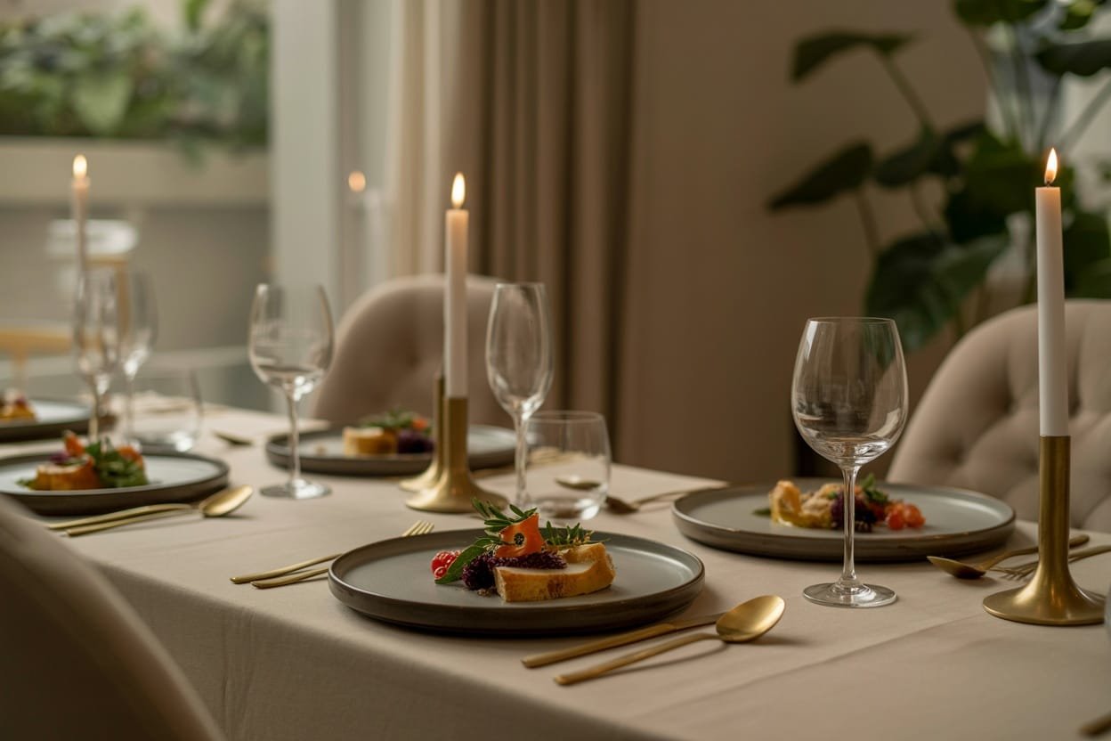 A beautifully set dining table with plates of food, elegant glasses, and candles, suggesting a slow dining experience.