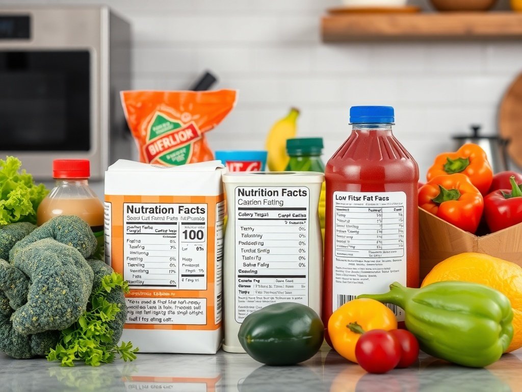 Various low-fat and diet products with nutrition labels in a kitchen setting, surrounded by fresh fruits and vegetables.