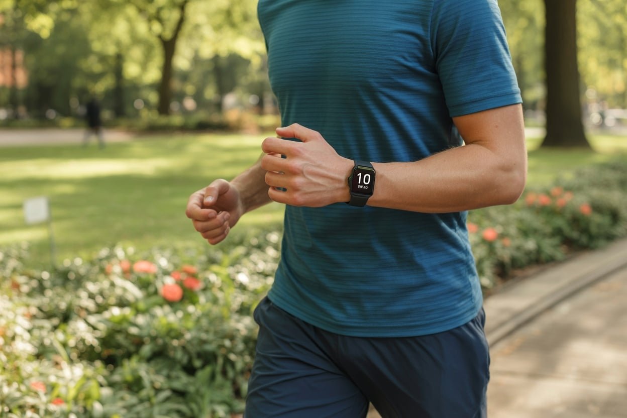 A person jogging in a park, wearing a blue shirt and a fitness tracker on their wrist.