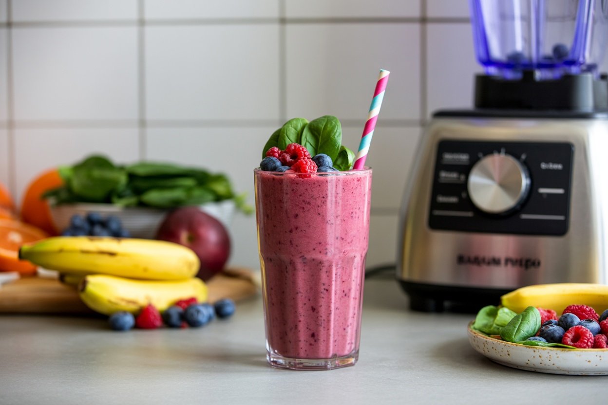 A vibrant protein smoothie made with berries, banana, and spinach in a glass.