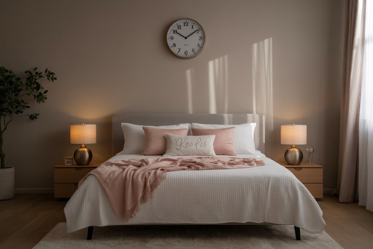 Cozy bedroom with soft lighting, a neatly made bed, and calming decor.