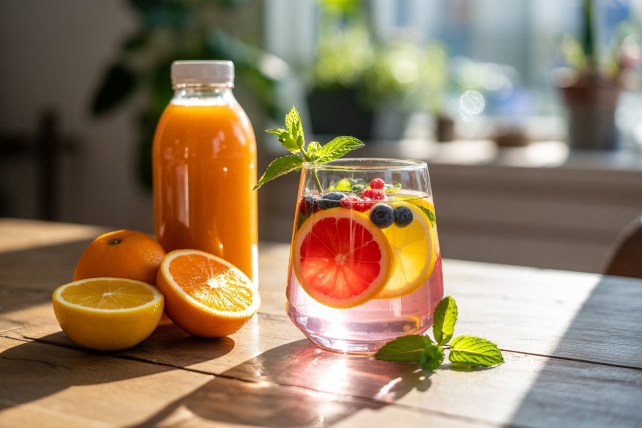 A glass of infused water with fruits like lemon, orange, and berries, alongside a bottle of juice and whole oranges on a wooden table.