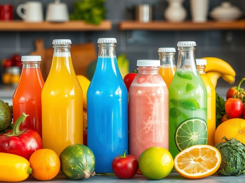 A variety of bottled drinks labeled with misleading health claims, with fruits and vegetables in the foreground.