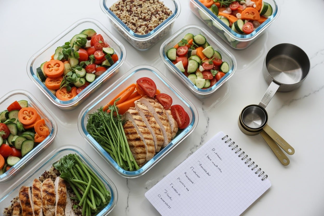 Containers with meal prepped grilled chicken, vegetables, and quinoa, with measuring cups and a notepad for notes.