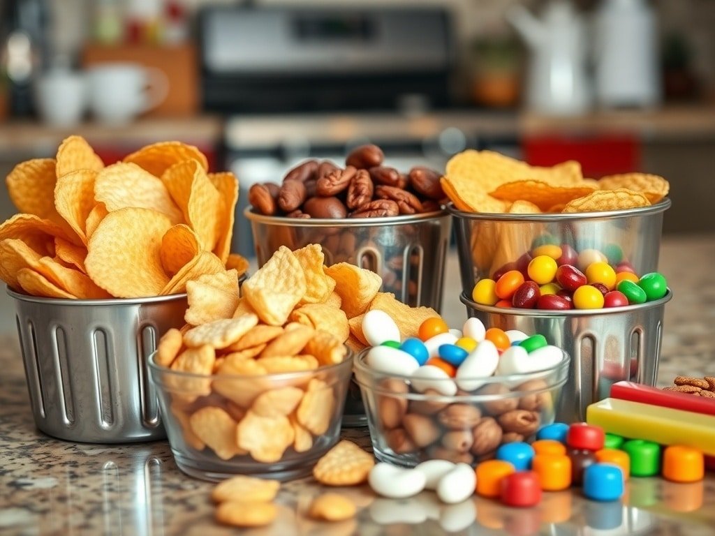 An assortment of snacks including chips, nuts, and candies with calorie labels displayed next to each.
