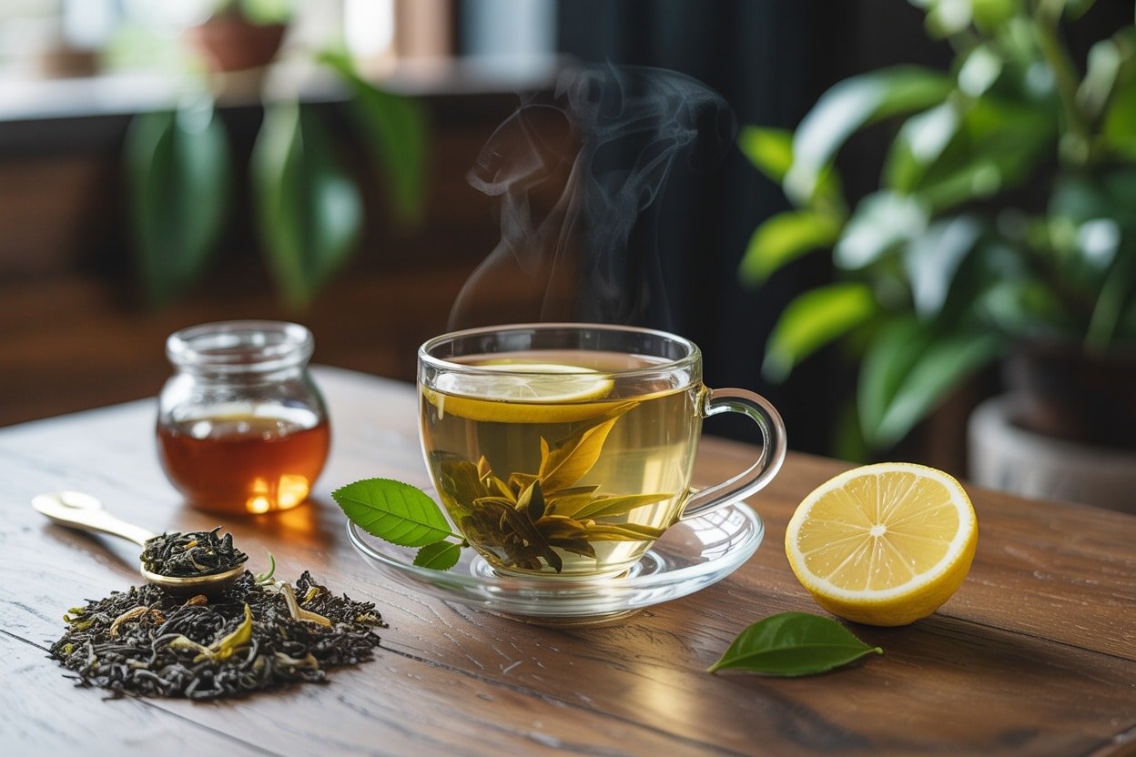 A cup of steaming green tea with lemon, surrounded by loose green tea leaves and a jar of honey, set on a wooden table.