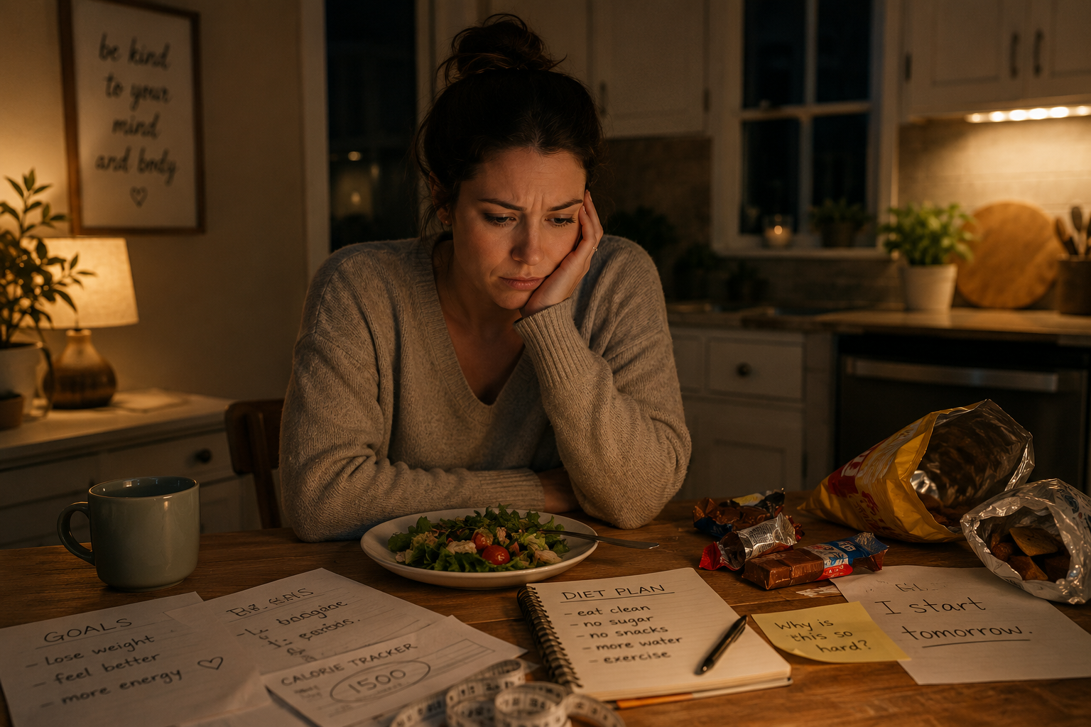 Thoughtful woman reading weight loss notes at a kitchen table with salad and snack wrappers nearby