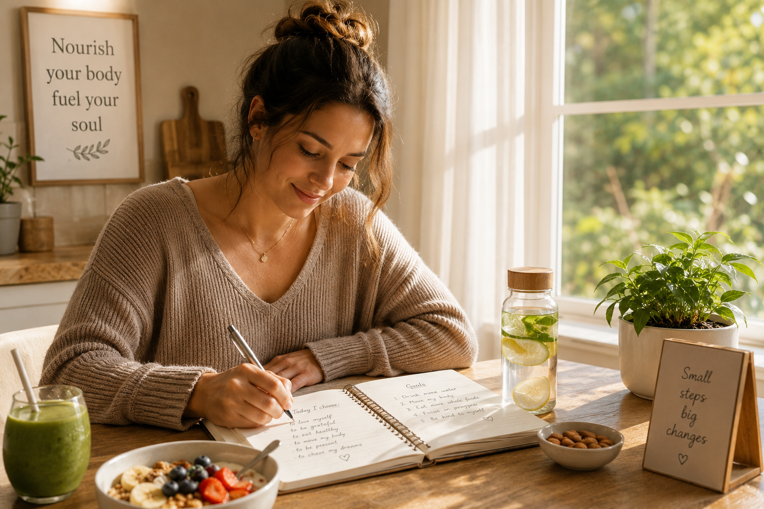 Peaceful morning wellness scene with journaling, healthy breakfast ingredients, and water