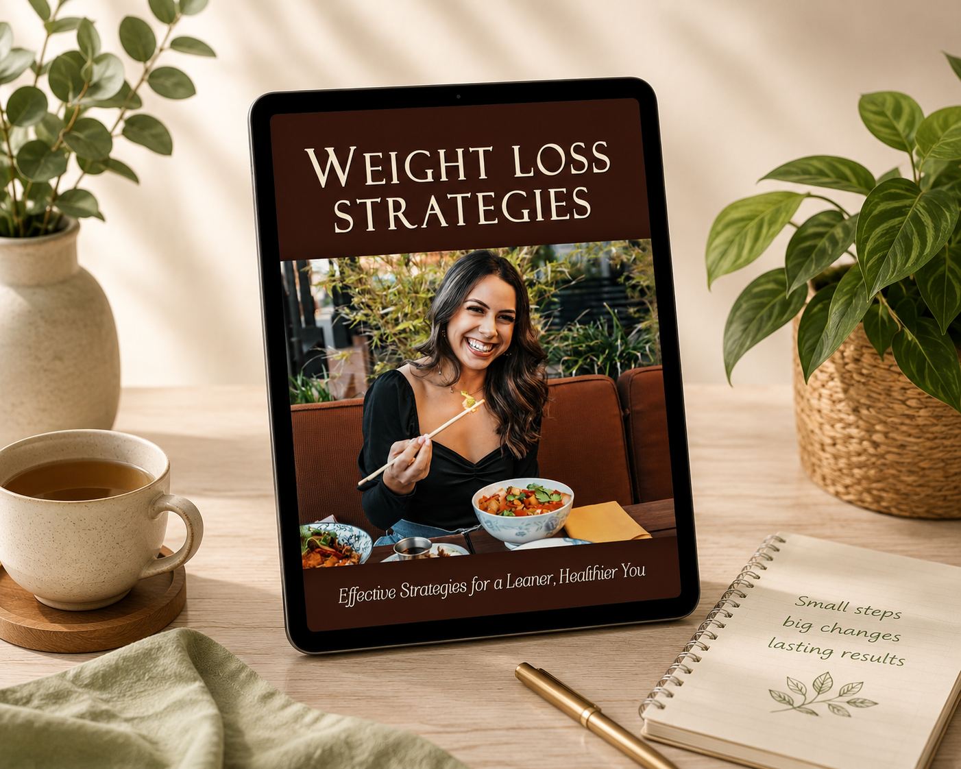 Weight Loss Strategies eBook cover mockup for healthy weight loss tips
