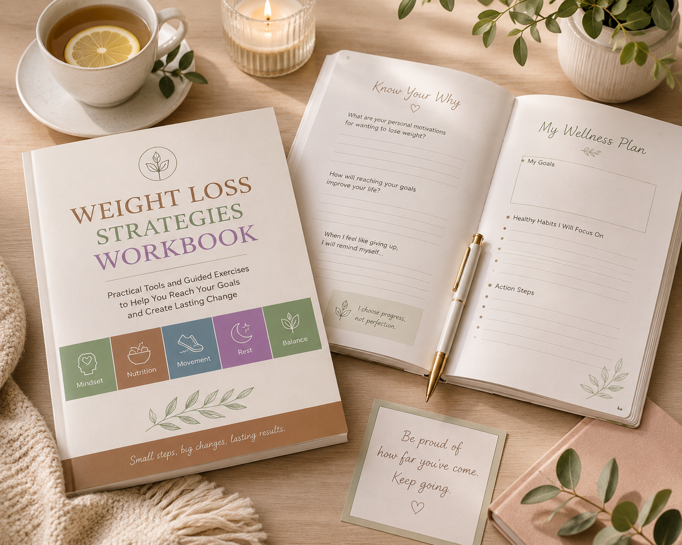 Weight Loss Strategies Workbook mockup with reflection prompts and wellness planning pages