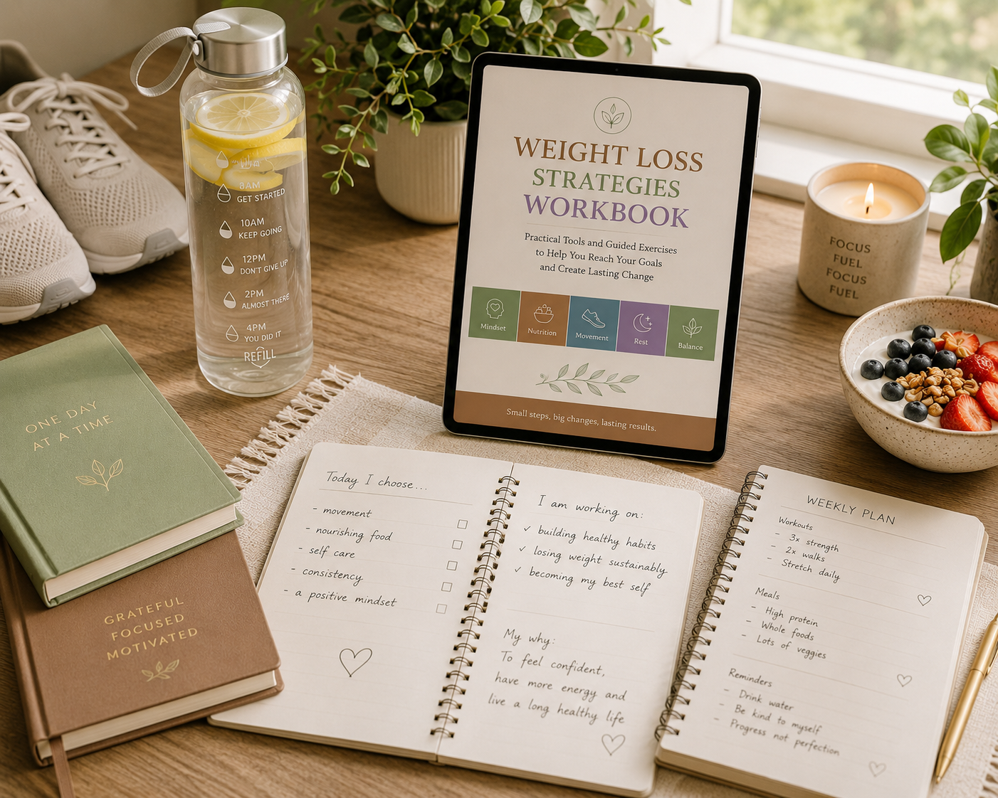 Healthy lifestyle desk scene with wellness journals, meal planning notes, snacks, water bottle, walking shoes, and workbook tablet