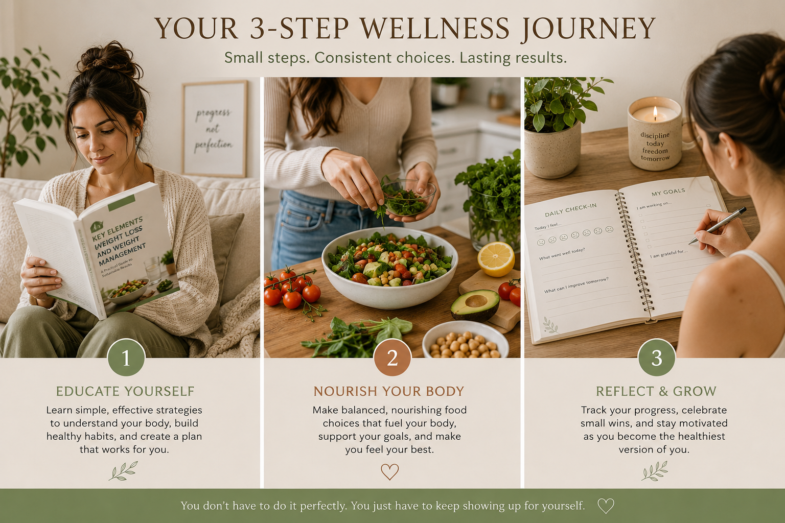 Three-step wellness journey collage showing reading, healthy meal prep, and journaling progress