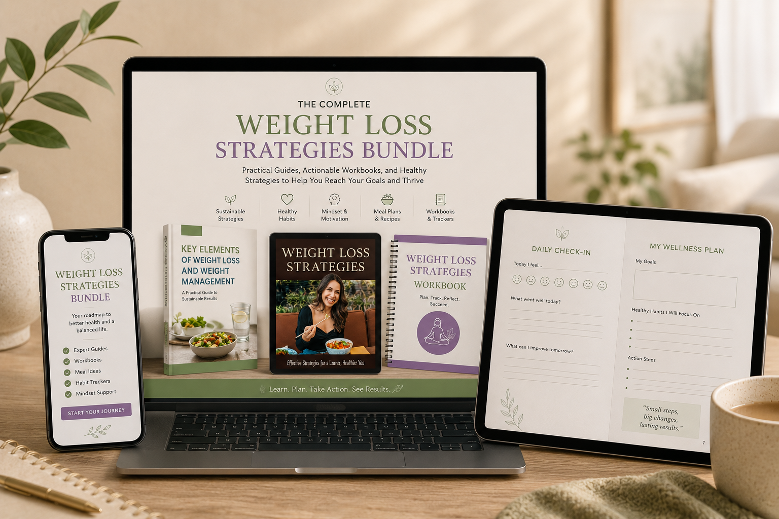 Premium digital wellness bundle displayed on laptop, tablet, and phone screens