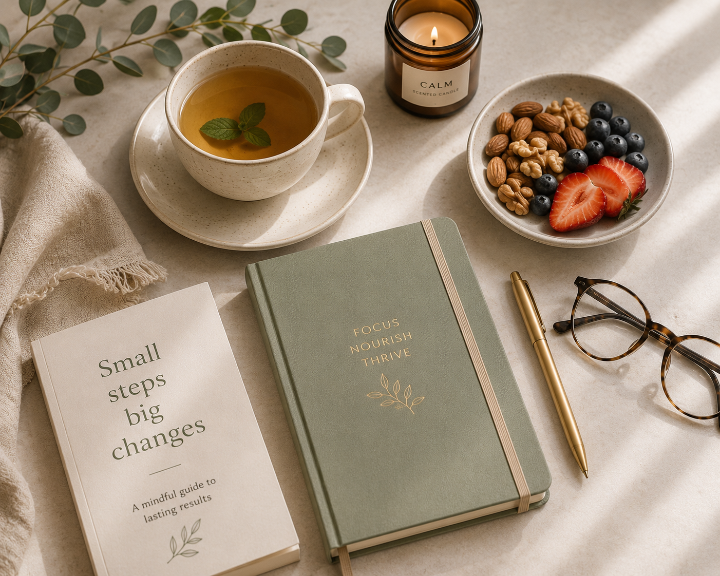 Minimal wellness flat lay with herbal tea, notebook, healthy snacks, reading glasses, and neutral textures