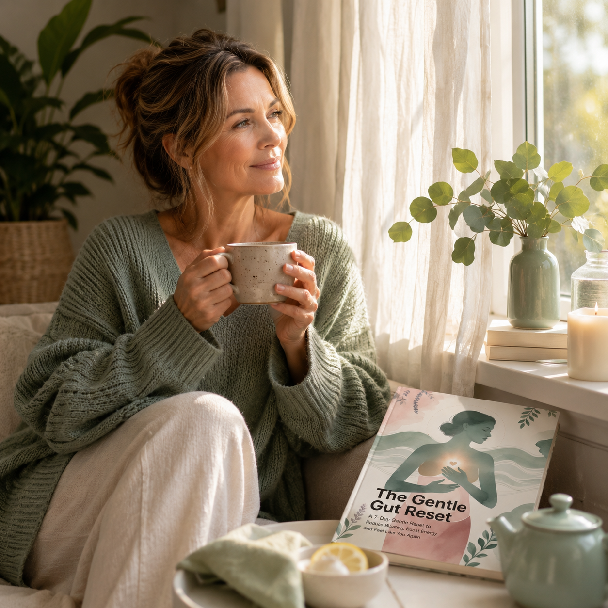 Woman sitting peacefully with tea after starting a gentle gut reset routine
