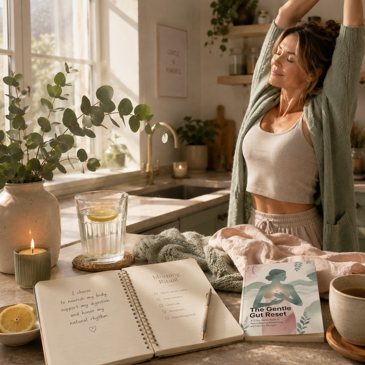 Morning ritual with warm water and calm breathing for digestion support