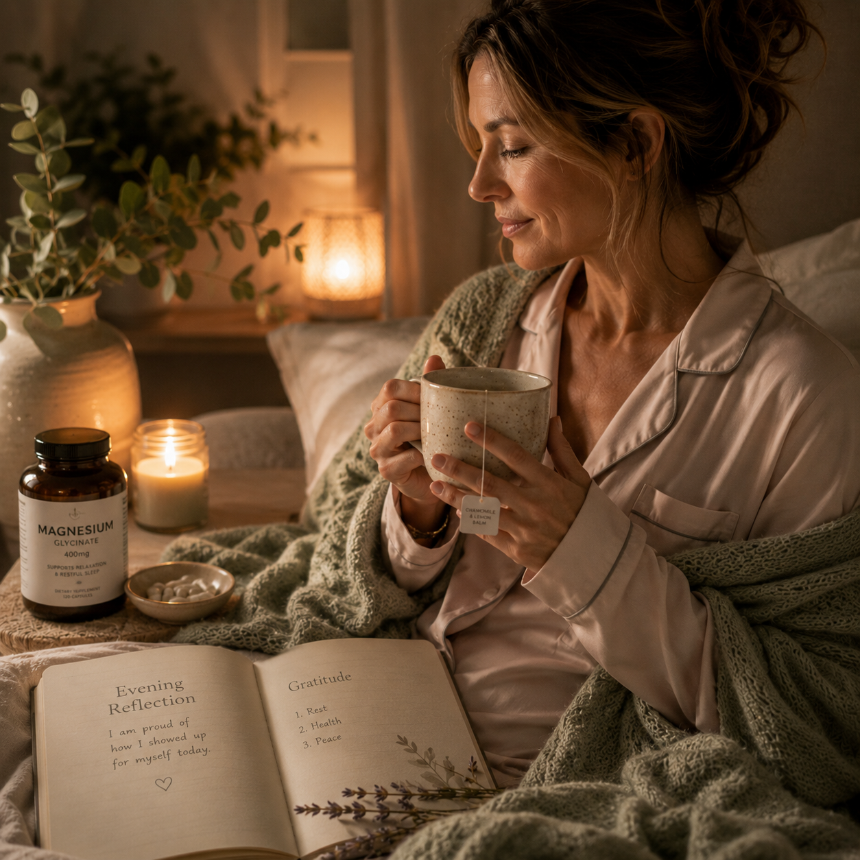 Peaceful evening routine for rest, repair, and bloating relief