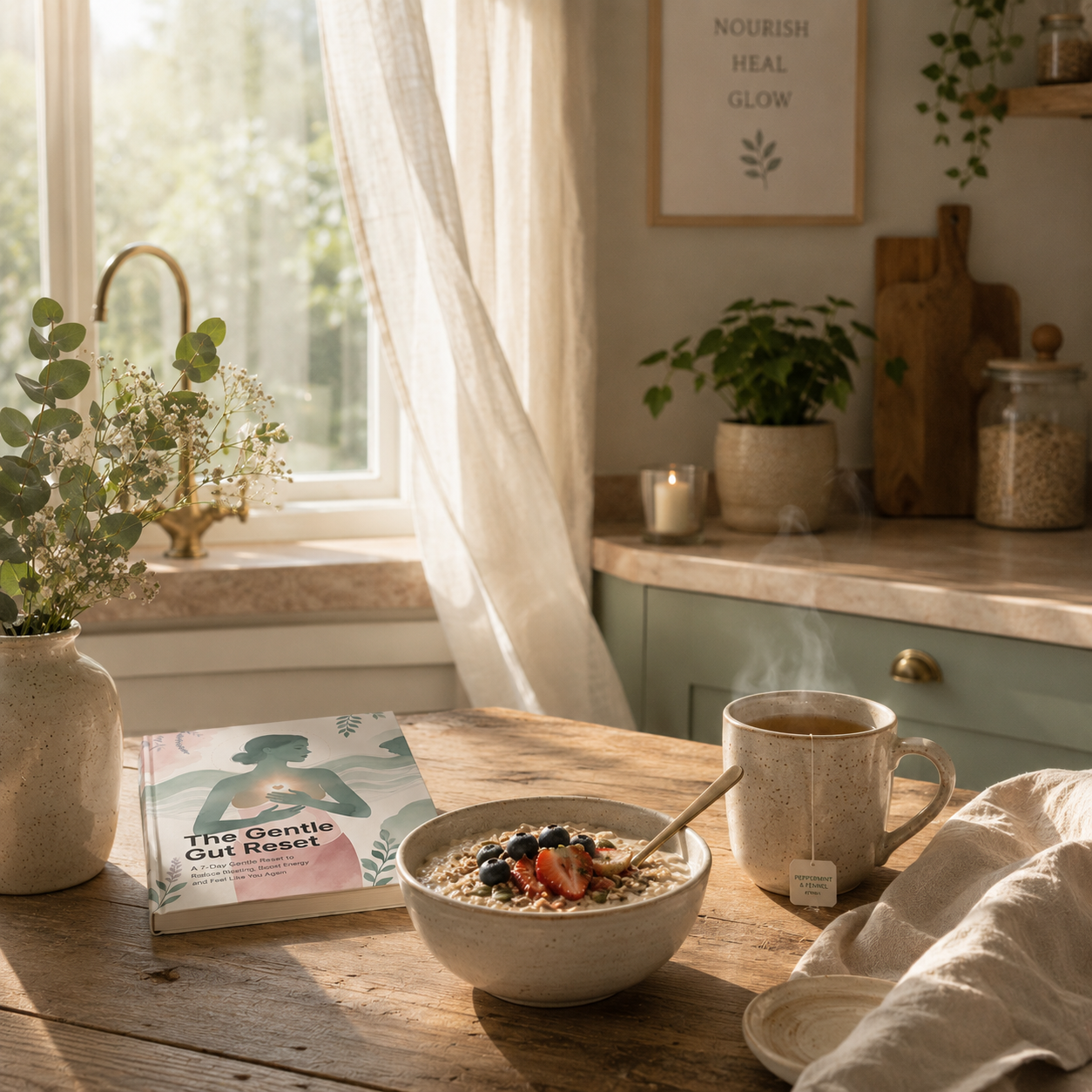 Quiet kitchen morning with tea symbolizing gentle gut healing and calm digestion