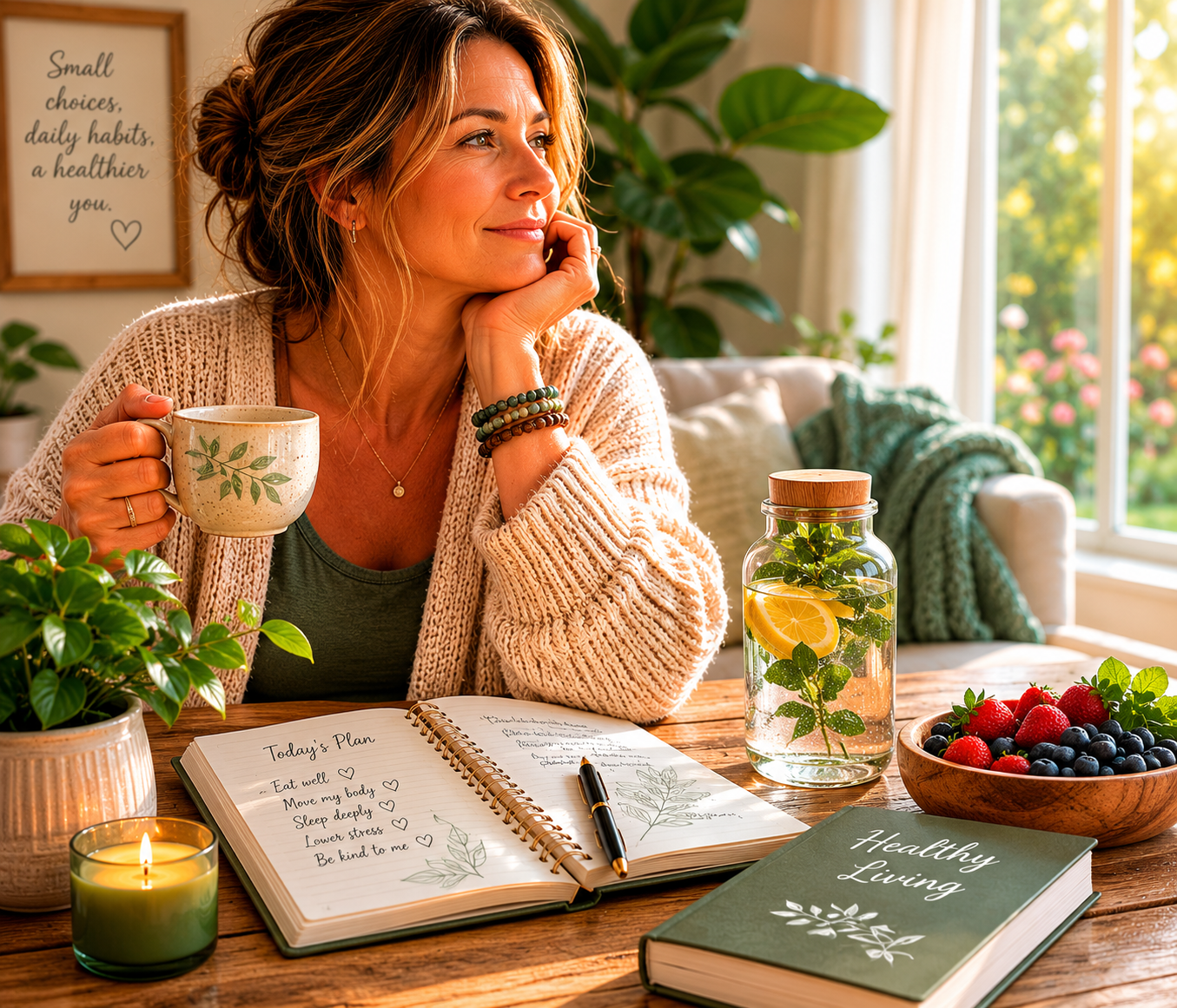 Woman creating a peaceful healthy living routine at home