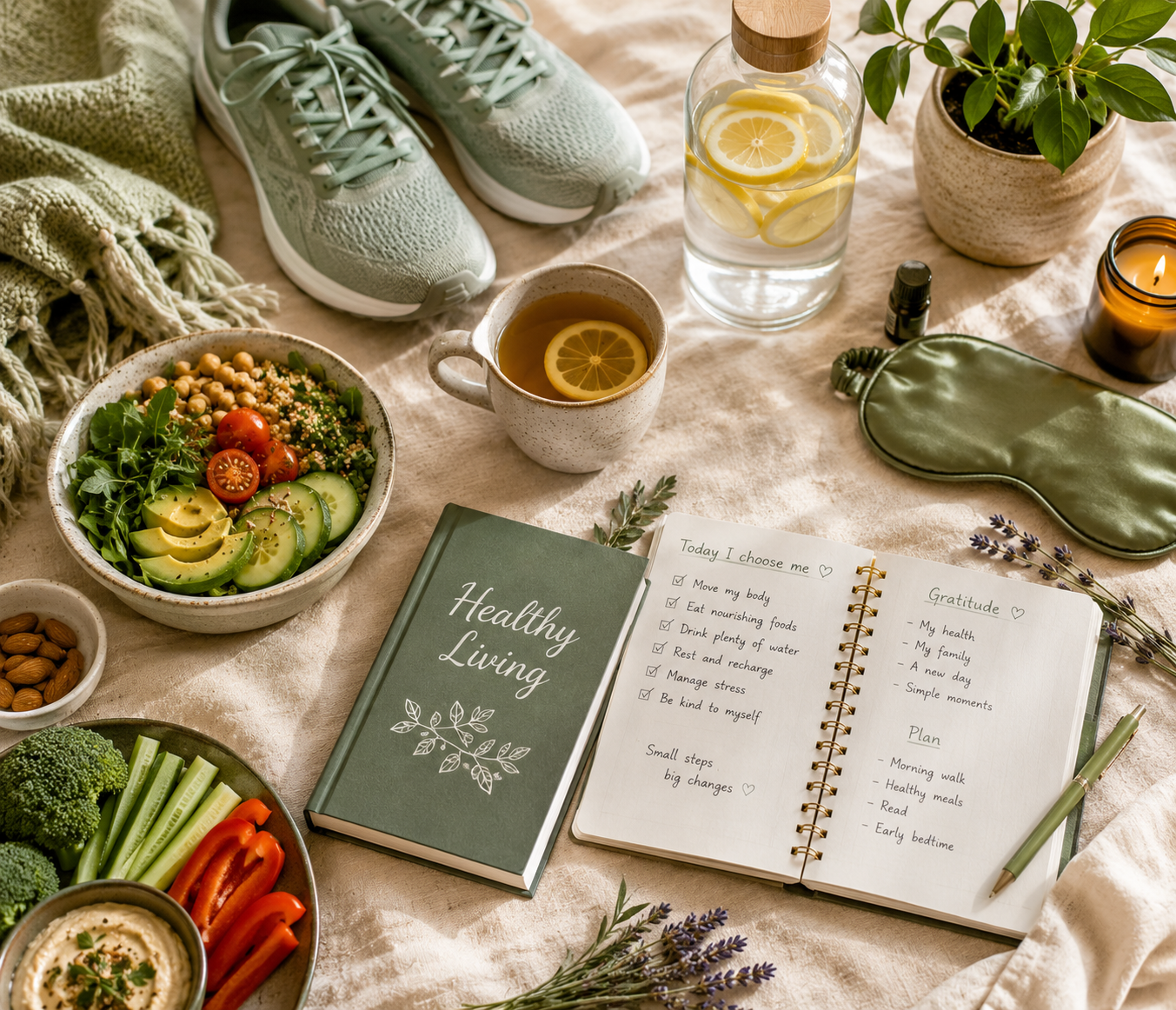 Healthy Living Bundle pages showing nutrition exercise sleep and stress management