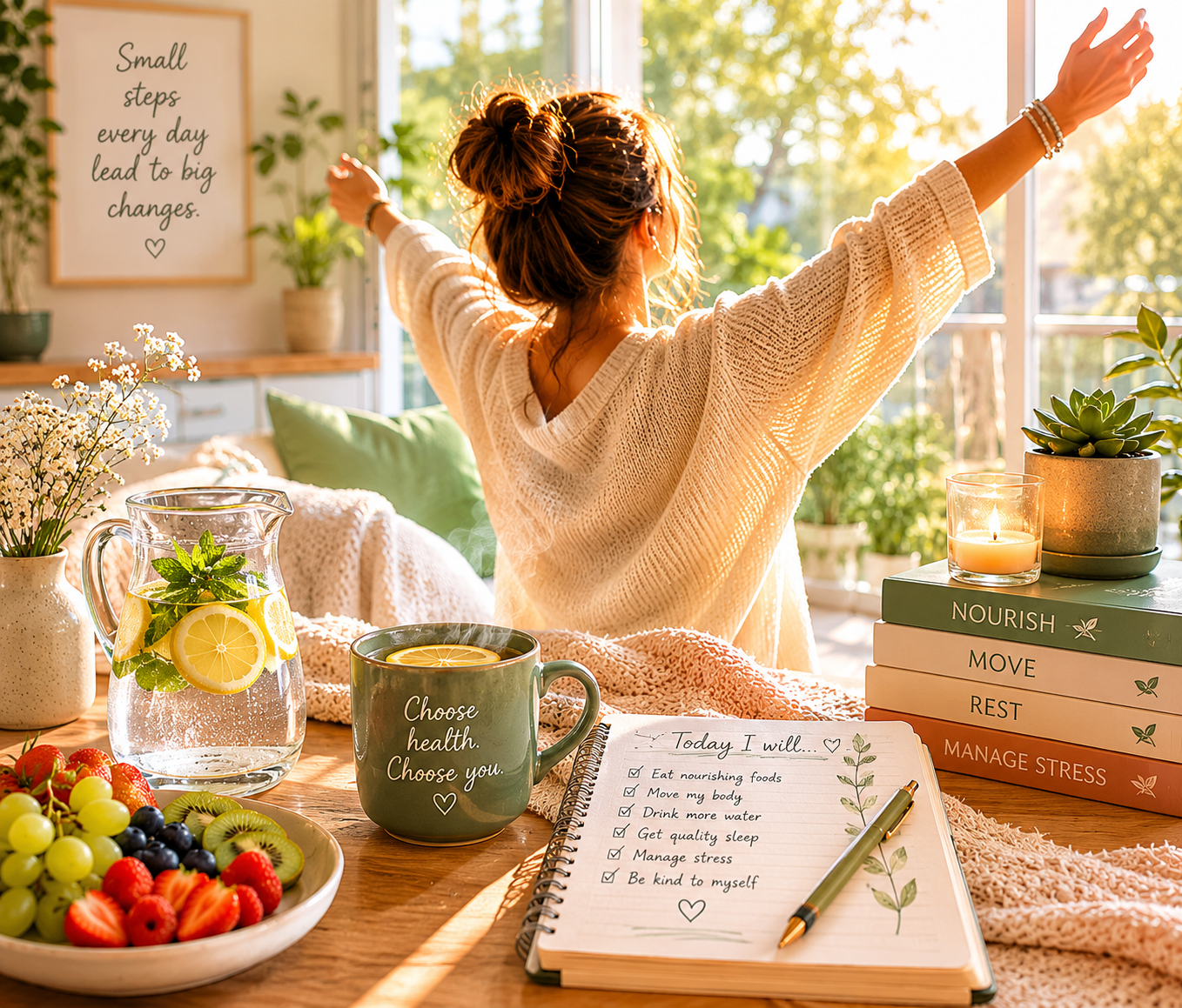 Calm morning routine for healthy living with journal water and gentle movement
