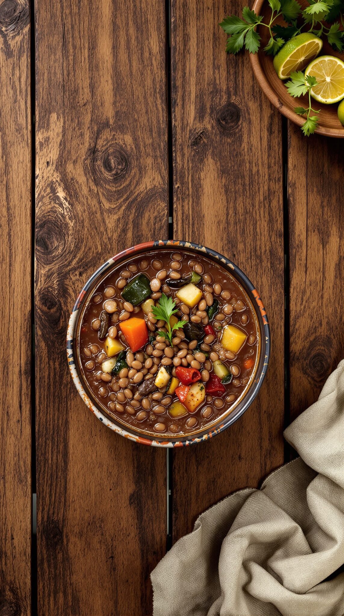 A bowl of lentil stew topped with fresh cilantro, surrounded by lime slices on a wooden table.