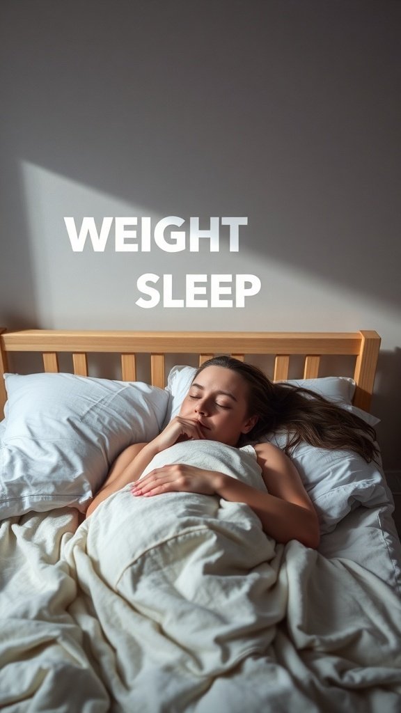 A person sleeping peacefully in a bed, emphasizing the importance of sleep for weight management.