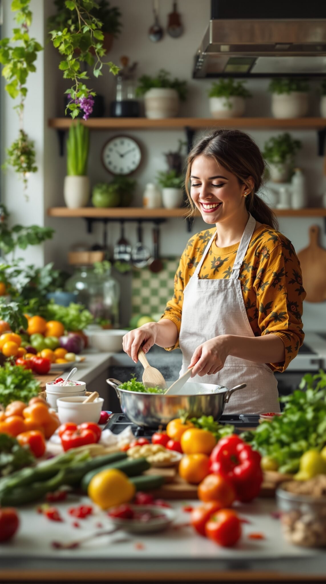A woman happily cooking in a bright kitchen filled with colorful vegetables and herbs.