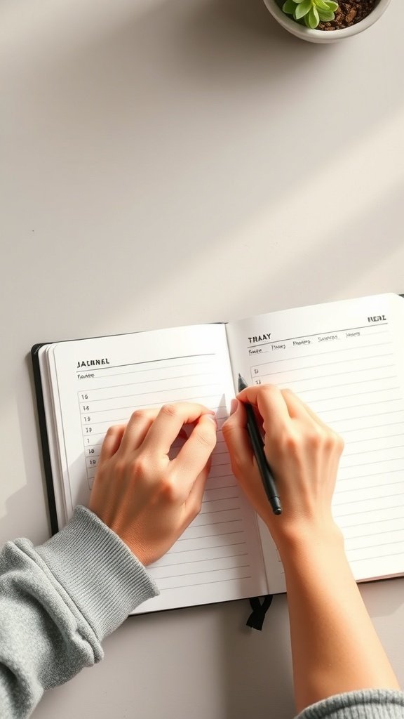 Person writing in a journal to track food intake