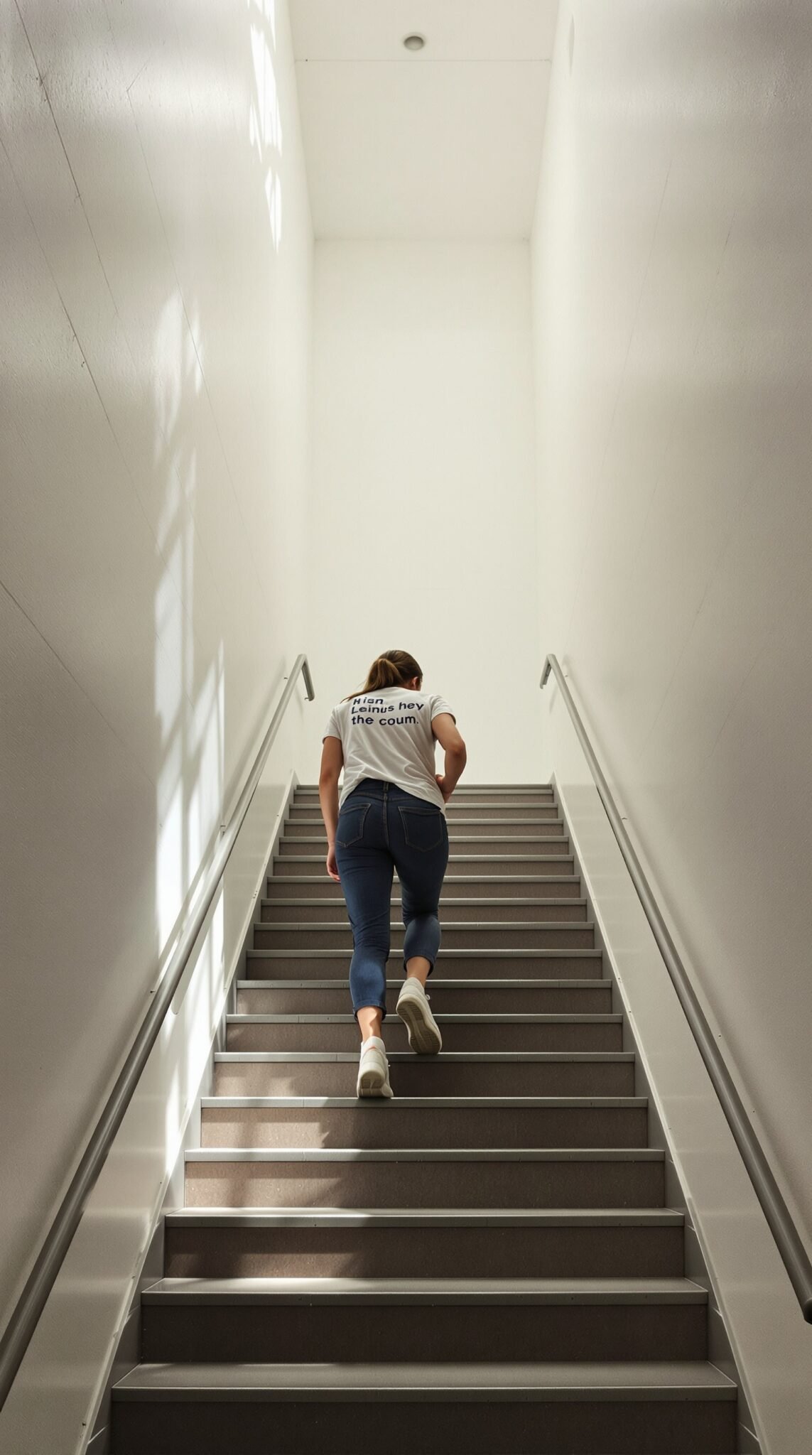 A person walking up a set of stairs, symbolizing the importance of choosing stairs over elevators for weight loss.