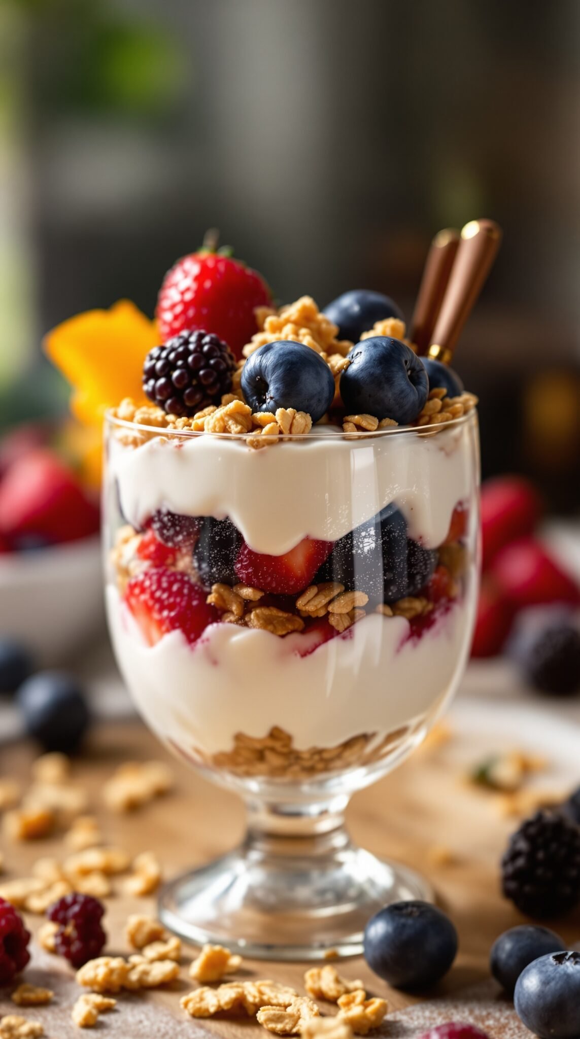 A delicious Greek yogurt parfait with layers of yogurt, fresh berries, and granola in a clear glass, garnished with mint.