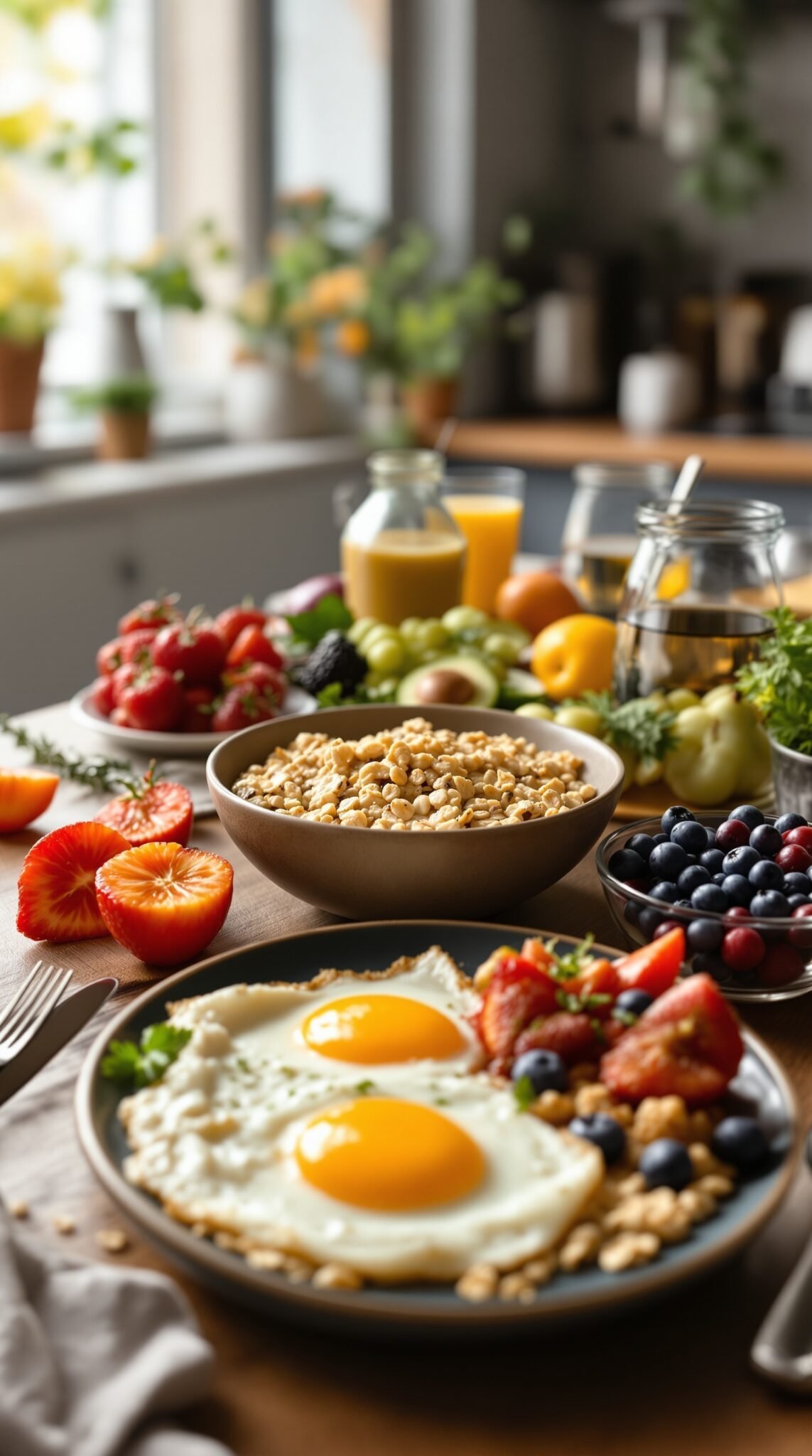 A vibrant breakfast spread featuring eggs, fruits, and granola on a wooden table.