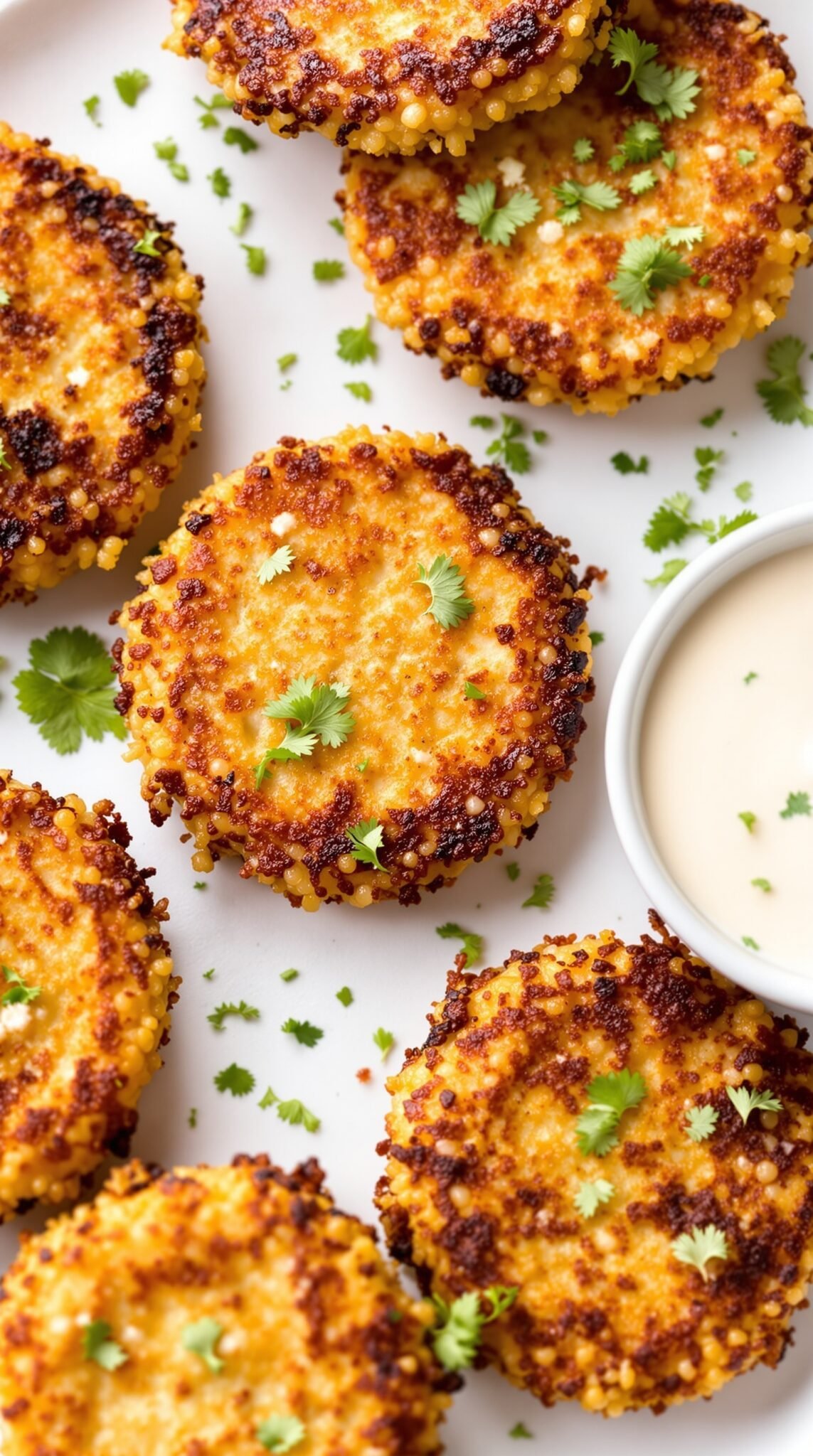 Plate of golden-brown savory quinoa cakes garnished with fresh herbs, surrounded by a dipping sauce