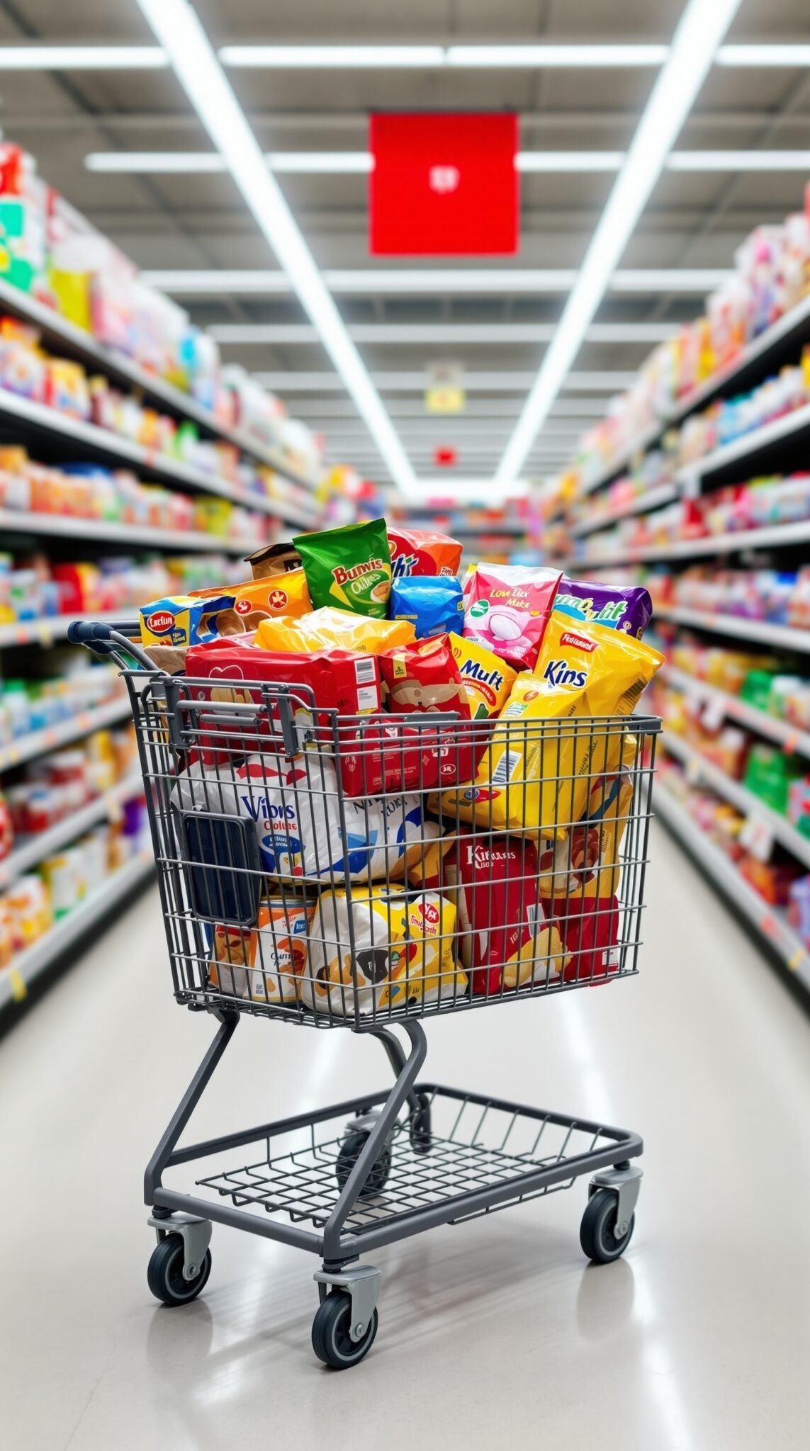 A shopping cart filled with various processed food products in a grocery store