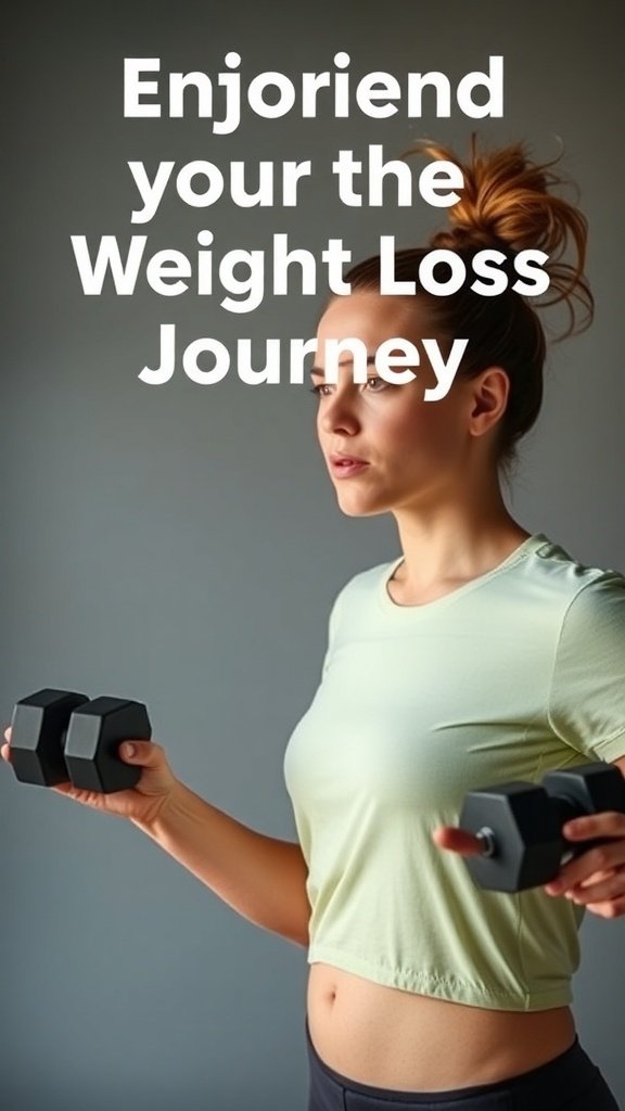 A woman holding weights, focused on her fitness journey