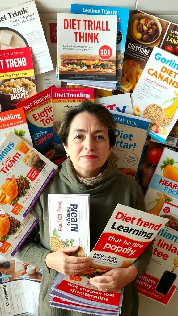 A woman holding diet books, looking overwhelmed by various weight loss trends.