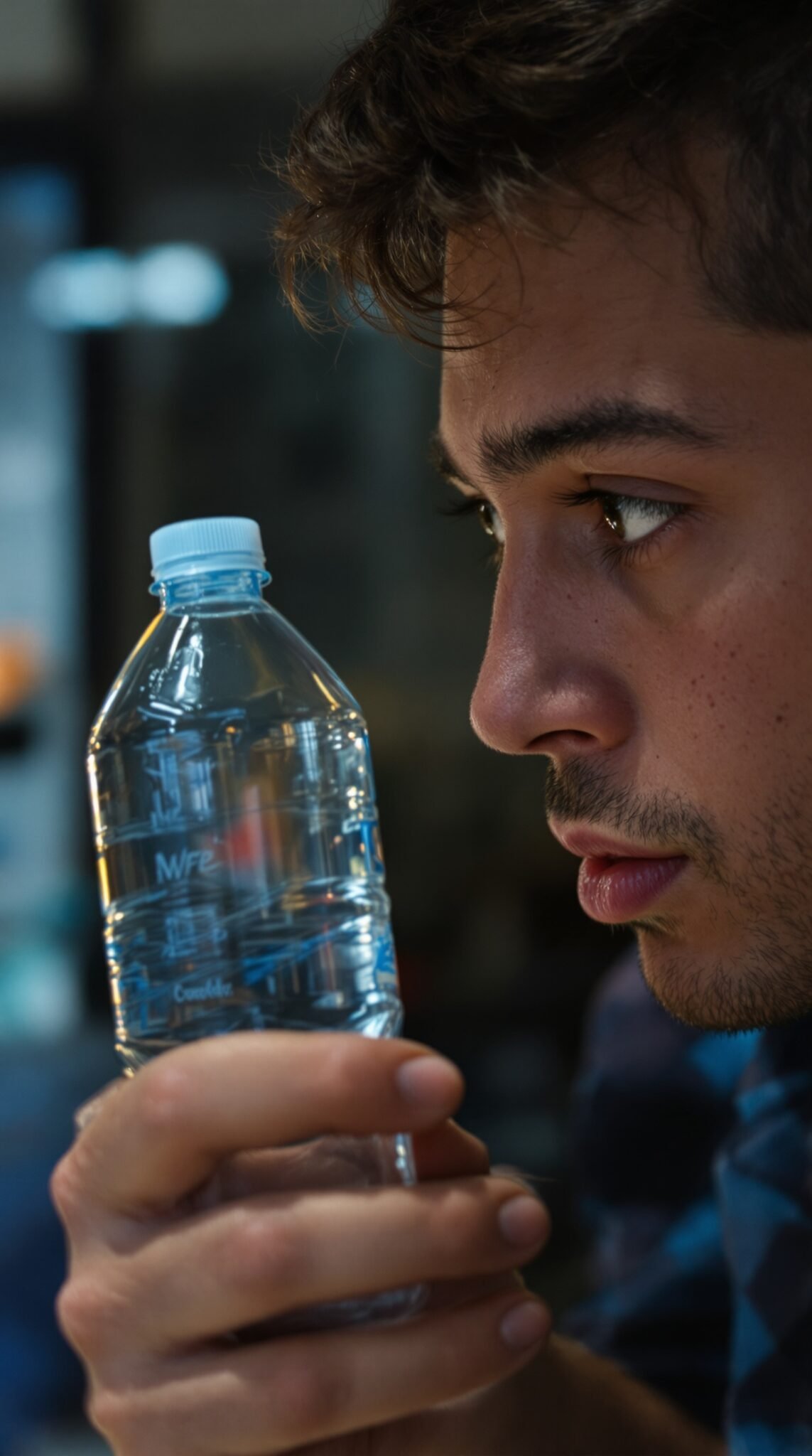 A person contemplating a bottle of water, emphasizing the importance of hydration.