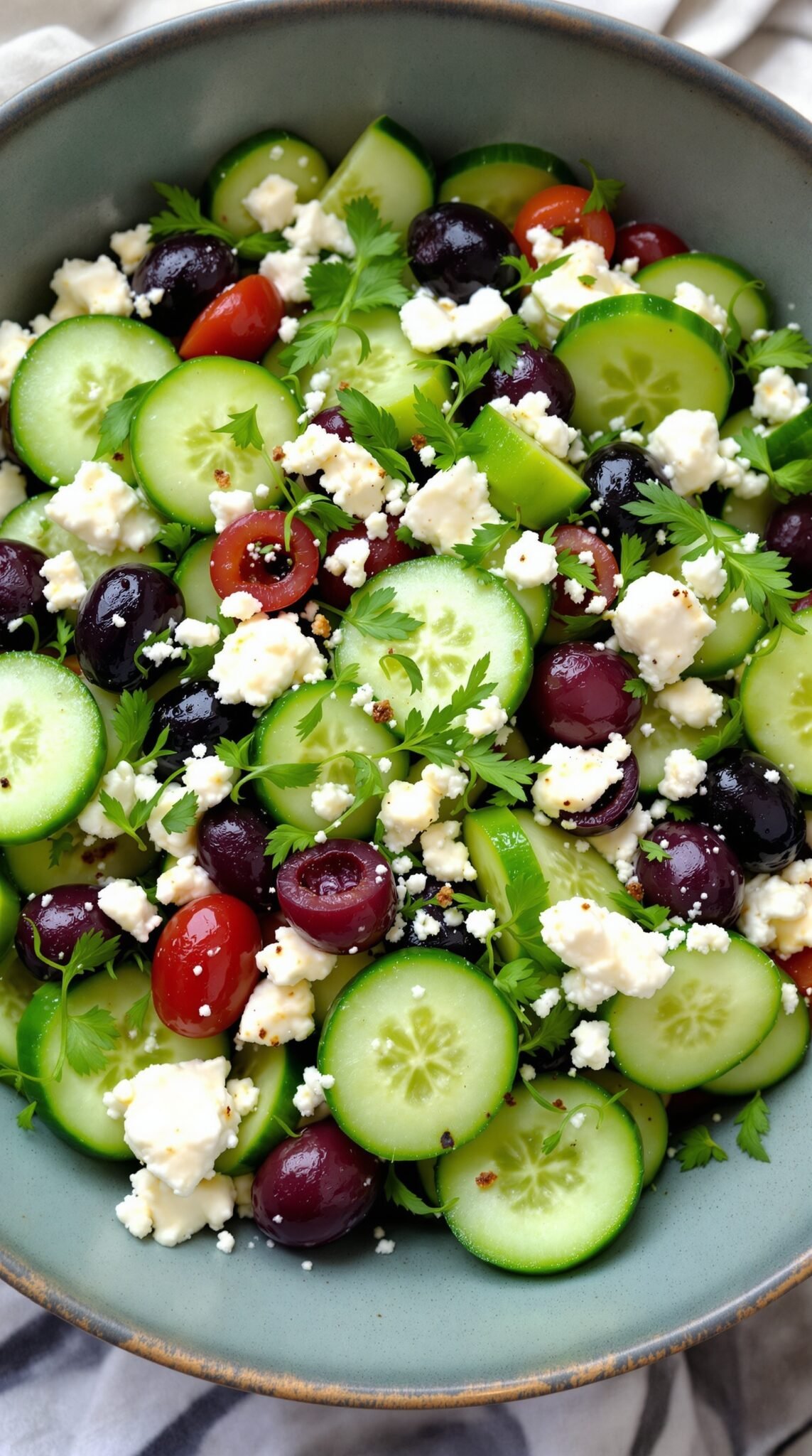 A bowl of cucumber and feta salad with sliced cucumbers, colorful cherry tomatoes, black olives, and crumbled feta cheese, garnished with fresh parsley.