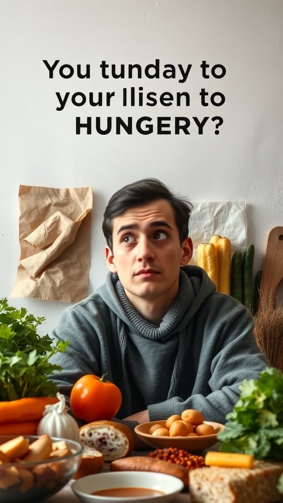 A man contemplating his hunger cues surrounded by various fresh foods.