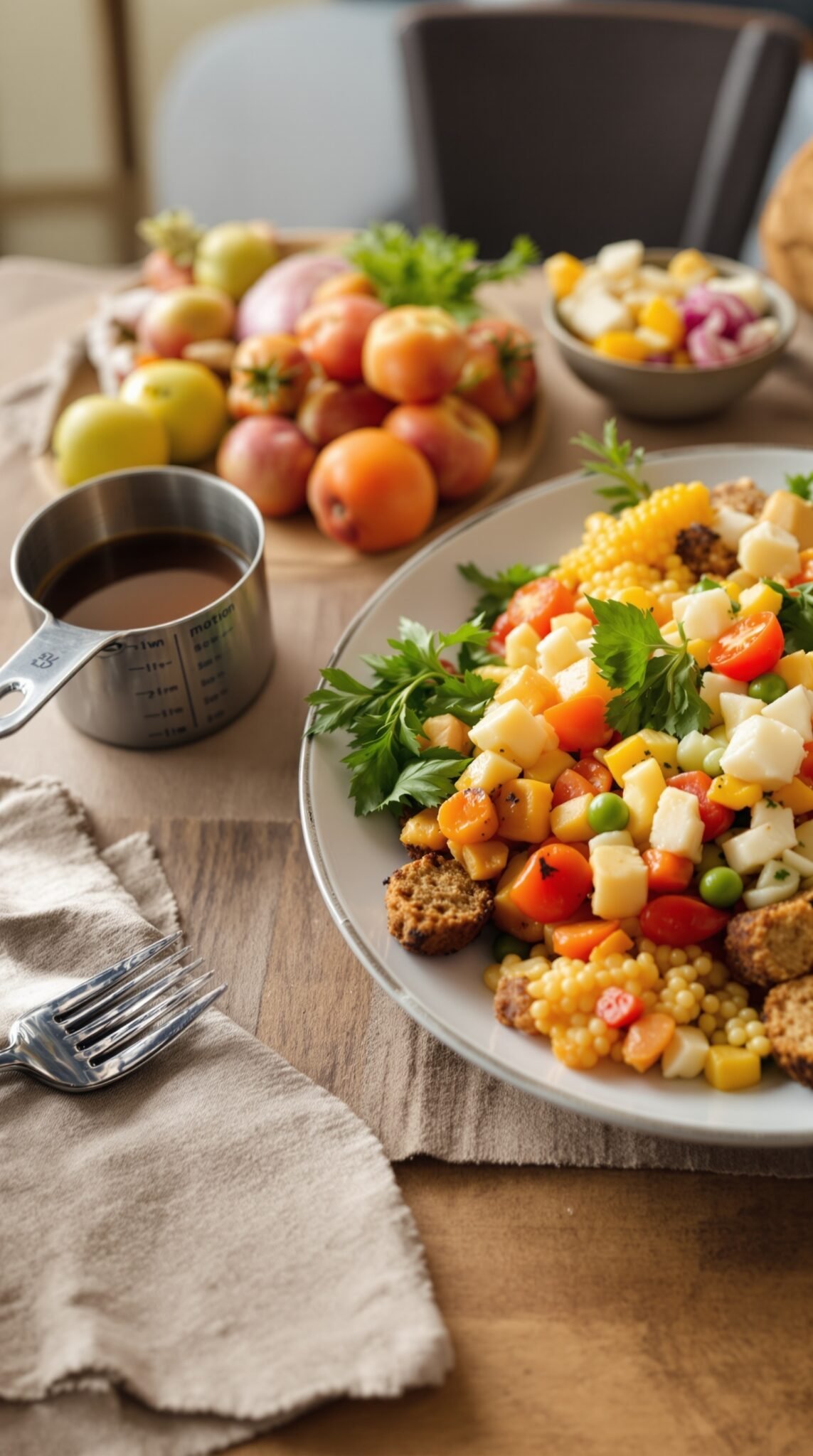Healthy portion-controlled meal with vibrant fruits and vegetables on a wooden table