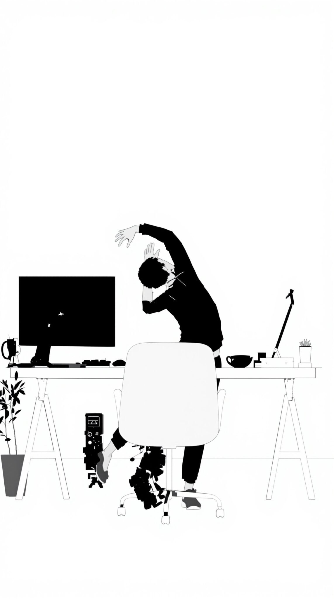 A figure performing a stretch at a desk, illustrating the importance of movement during work.