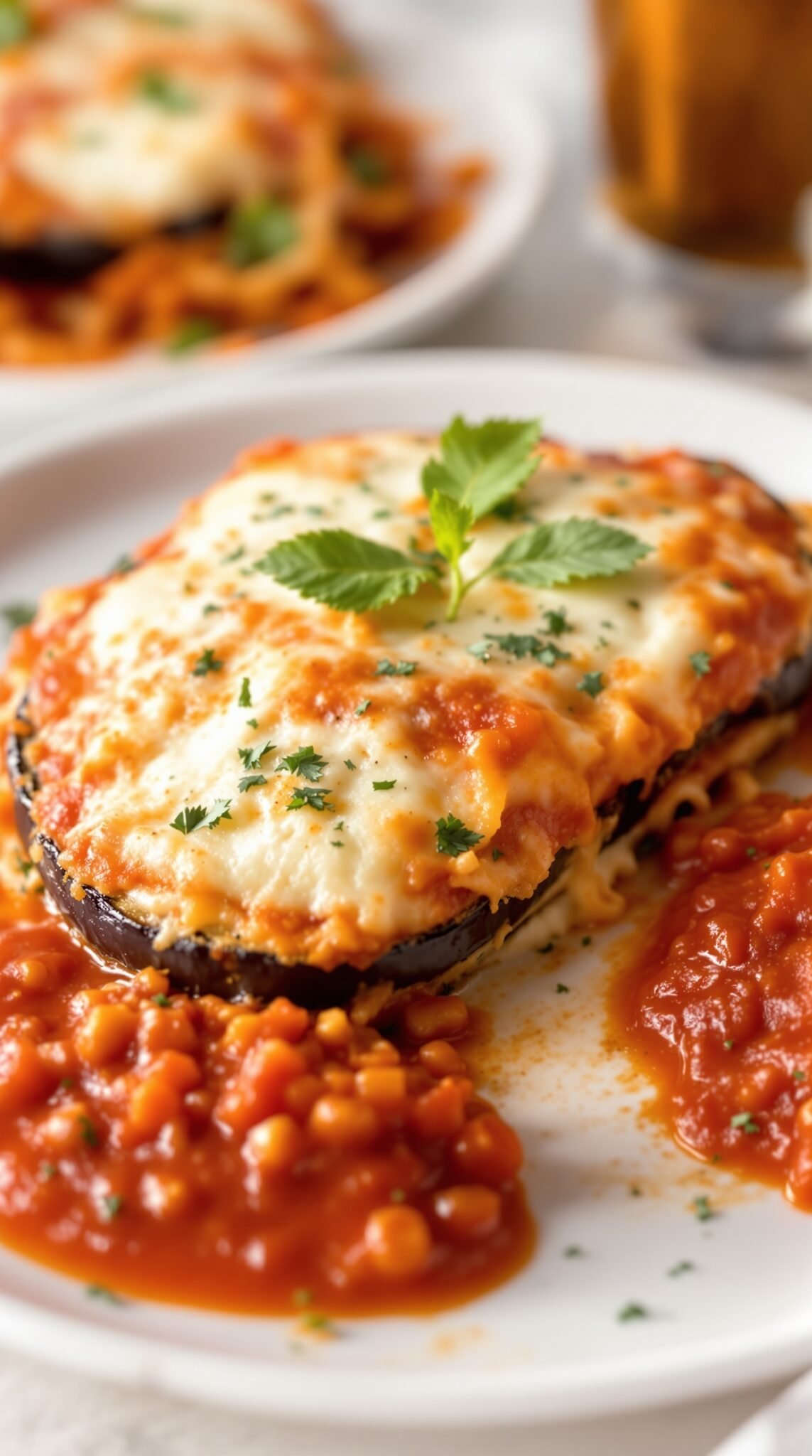 Delicious plate of eggplant parmesan served with marinara sauce
