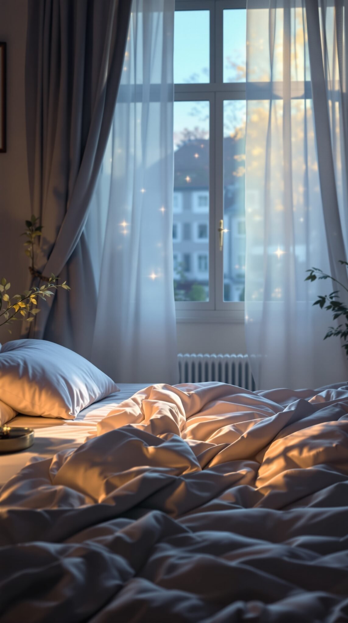 A serene bedroom scene with soft bed linens and sunlight streaming through sheer curtains