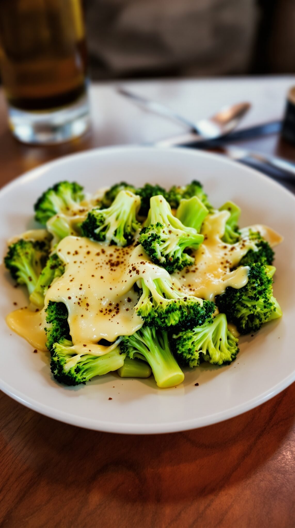 A plate of steamed broccoli topped with melted cheese