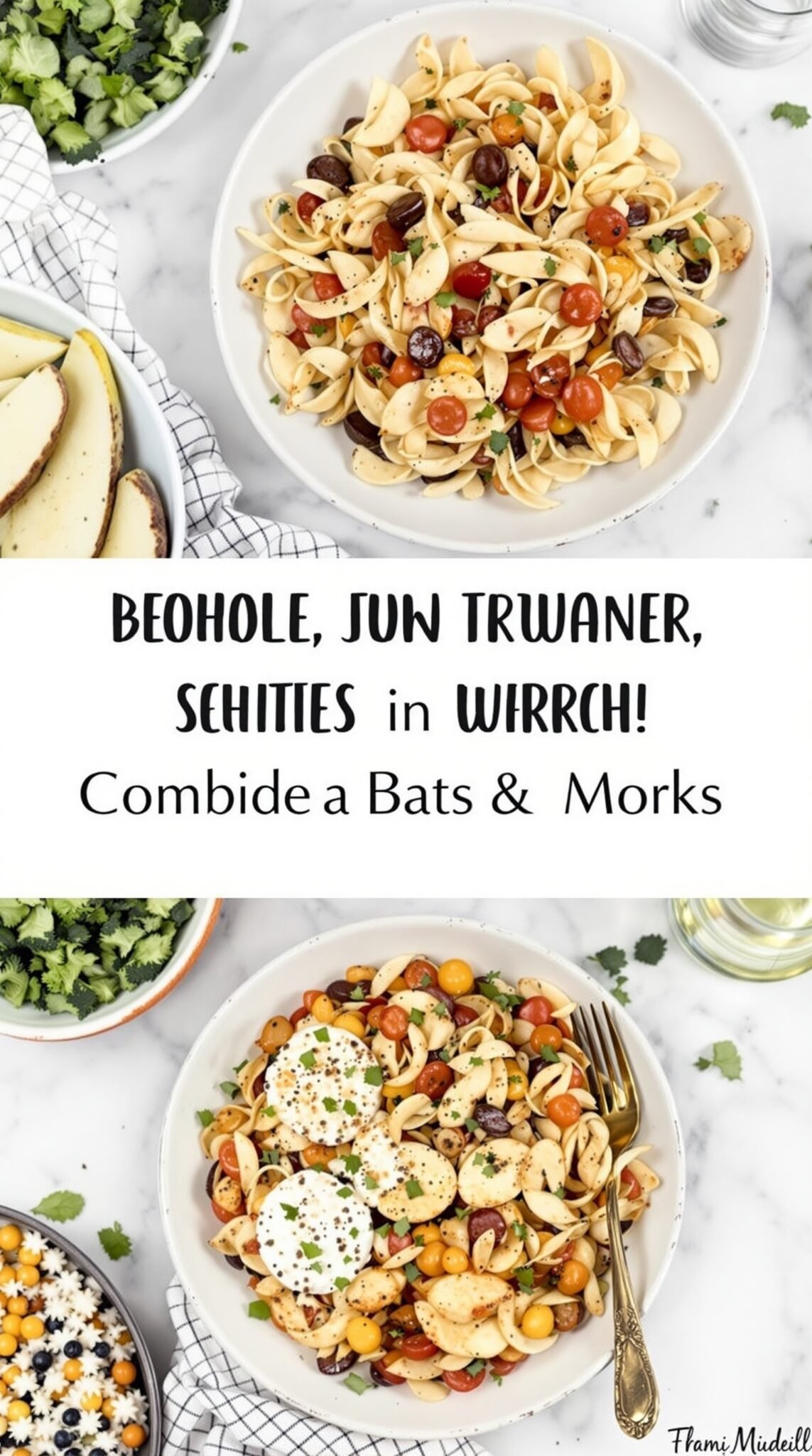 A vibrant bowl of whole grain pasta salad topped with vegetables and herbs, demonstrating healthy ingredient swaps.