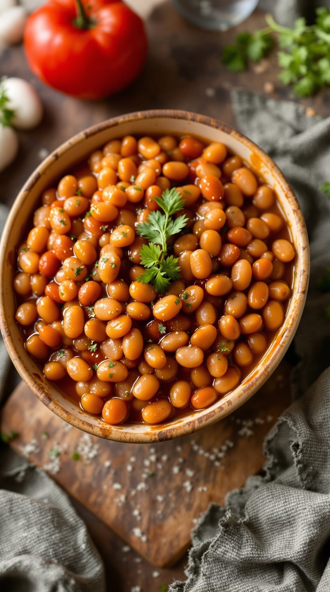 A bowl of baked beans garnished with parsley, surrounded by fresh tomatoes and a rustic cloth.