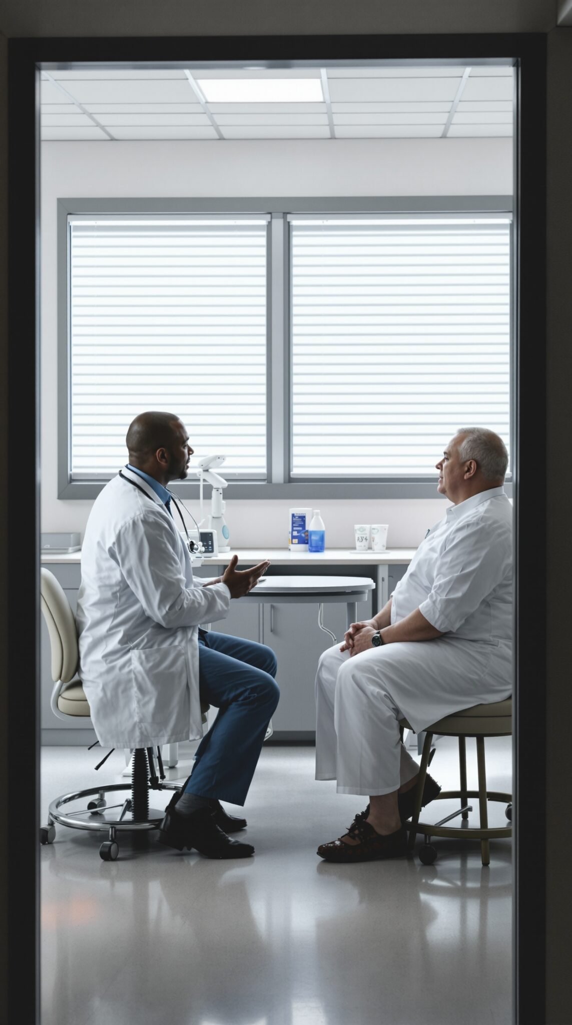 A healthcare professional discussing health concerns with a patient in a medical office.