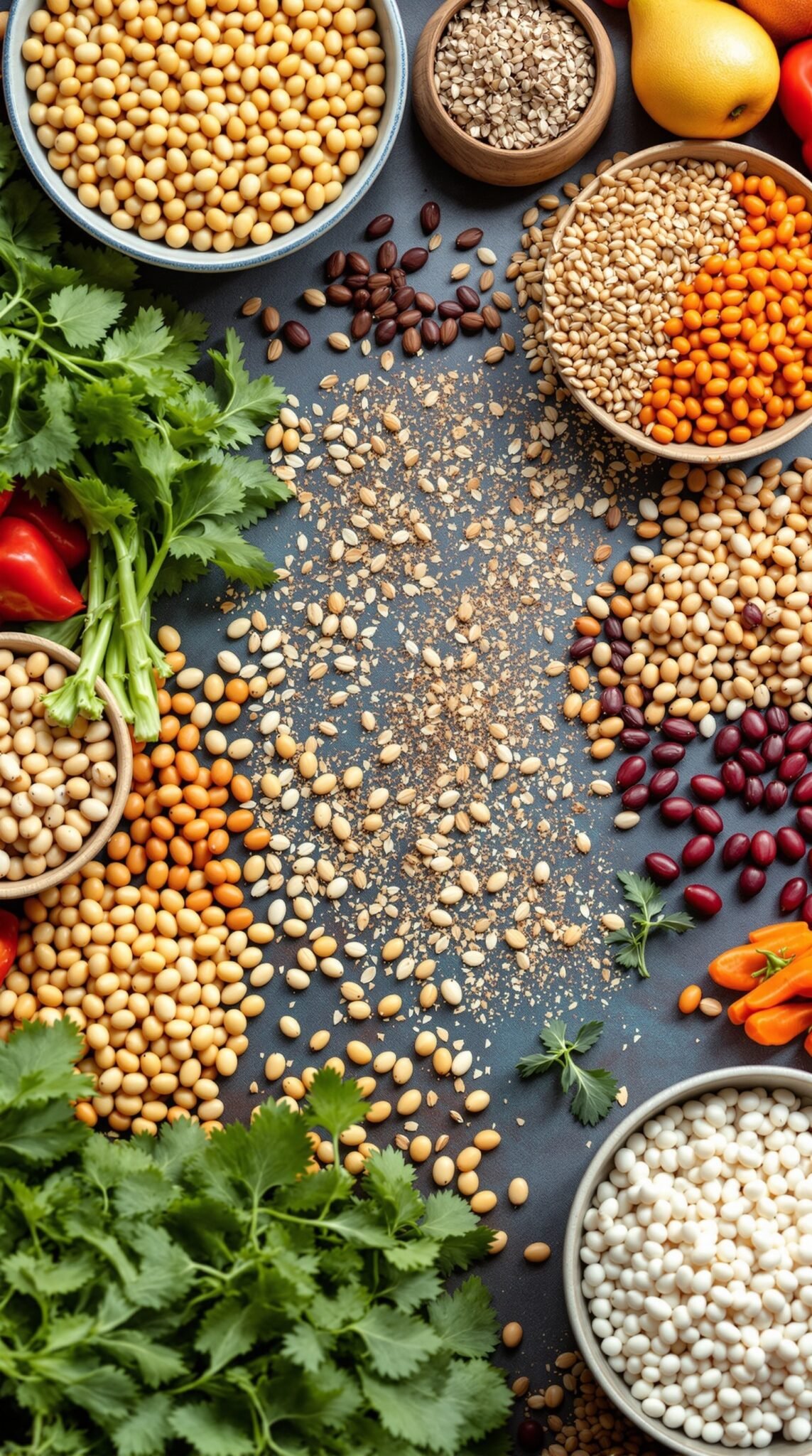 An assortment of fiber-rich foods including various grains, beans, and fresh vegetables.