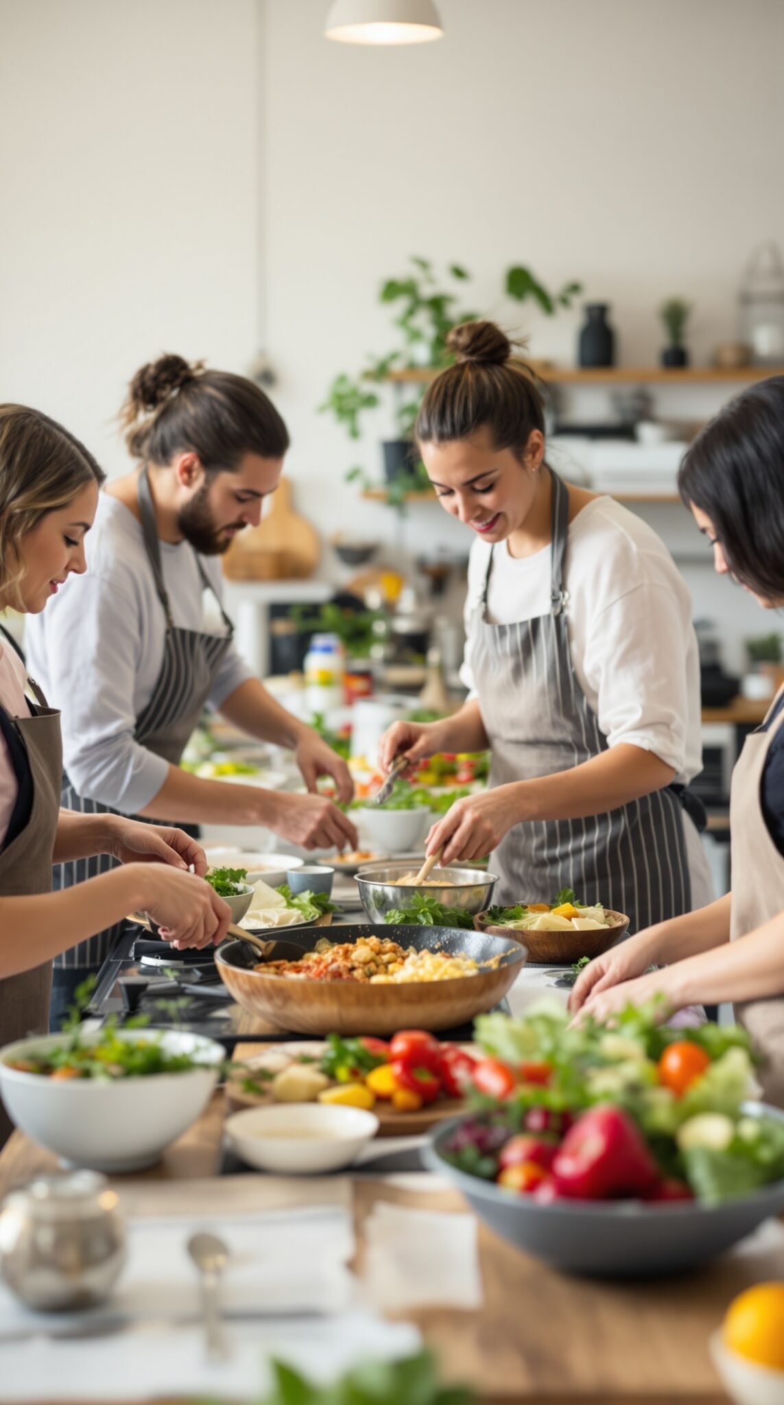 Group of people participating in a cooking class, preparing healthy dishes together.